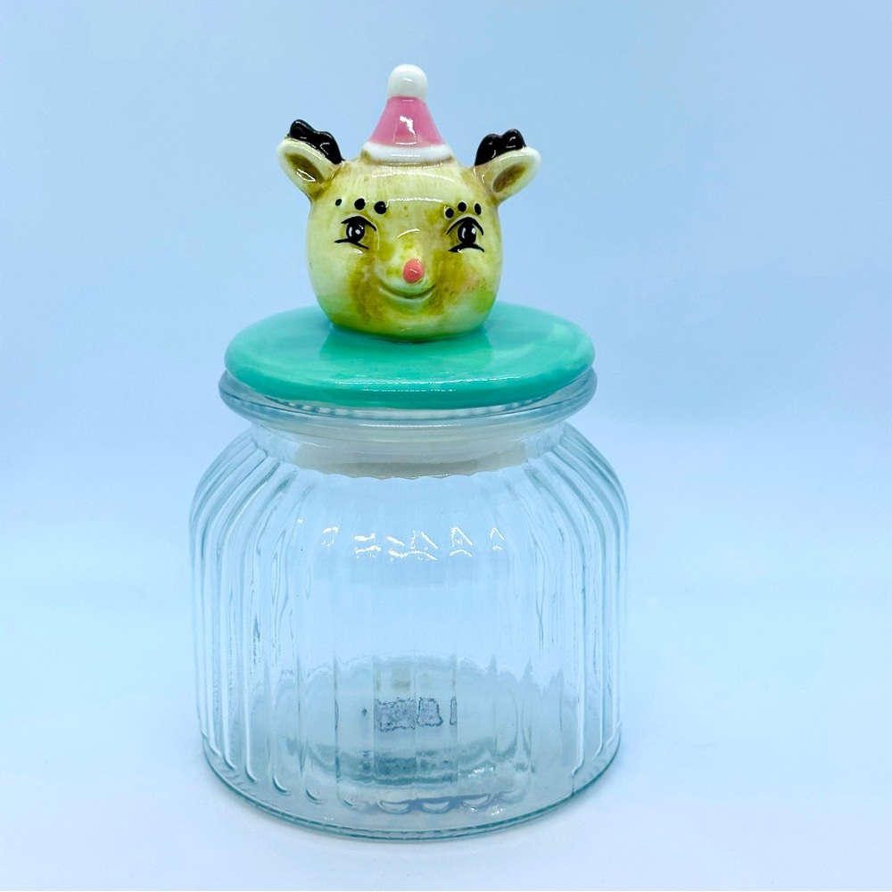 Johanna Parker Reindeer Pink And Mint Green Cookie Candy Jar Transpac Kitsch NWT